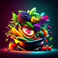 Fruits and vegetables in a bowl on a dark background. Vector illustration. generative AI Royalty Free Stock Photo