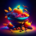 Fruits and vegetables in a bowl on a dark background. Vector illustration. generative AI Royalty Free Stock Photo