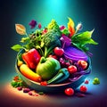 Fruits and vegetables in a bowl on a dark background. Vector illustration. generative AI Royalty Free Stock Photo