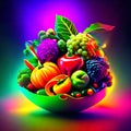 Fruits and vegetables in a bowl on a multicolored background Generative AI