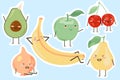 Fruits and vegetables. Cartoon characters emotion expressions and actions. Avocado in birthday hat. Cherry couple