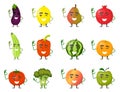 Fruits and vegetables cartoon characters with hands and legs smile and show gesture OK. Cheerful fruit and vegetable characters in