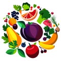 Fruits and vegetables in a circle. Healthy food. Vector illustration. AI Generated