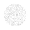 Fruits and vegetables in circle. Vector linear pictures of various fruits