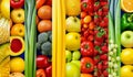 Fruits and vegetables collage. Colorful fruits and vegetables background