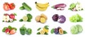 Fruits and vegetables collection isolated apples tomatoes strawberries banana colors fresh fruit