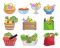 Fruits and vegetables in containers flat vector illustrations set Royalty Free Stock Photo