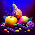 Fruits and vegetables on a dark background. Multicolored fruits. AI Generated