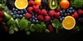 Fruits and vegetables on a dark wooden background Royalty Free Stock Photo