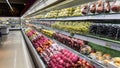 Fruits and vegetables on display in a supermarket. Food store. Pineapple, melon, grapefruit, tangerine, orange, lemon. Bekasi,