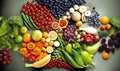 Fruits and vegetables display at white background. Healthy living, nutritions, concept image Royalty Free Stock Photo