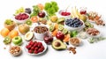 Fruits and vegetables display at white background. Healthy living, nutritions, concept image Royalty Free Stock Photo