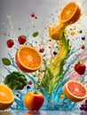 Fruits and vegetables falling into water with splash.