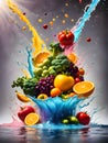 Fruits and vegetables falling into water with splash.