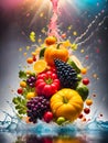 Fruits and vegetables falling into water with splash.