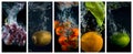Fruits and vegetables falling into the water with splashes and bubbles Royalty Free Stock Photo