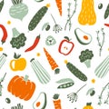 Fruits and vegetables flat hand drawn seamless pattern.