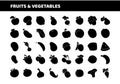 Fruits and vegetables flat icon set. Solid black silhouette.