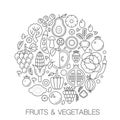 Fruits vegetables food in circle - concept line illustration for cover, emblem, badge. Fruits vegetables thin line