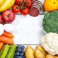 Fruits and vegetables food collection cooking frame square copyspace top view Royalty Free Stock Photo