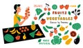 Fruits and vegetables funny doodle set. Cute cartoon woman, food market seller with farm products. Hand drawn vector illustration