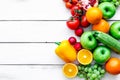 Fruits and vegetables for healthy dinner on white background top view mock up