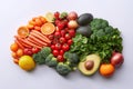 fruits and vegetables for a healthy food eating and vegetarian diet nutrition in shape of brain. View top flat lay on