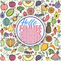 Fruits and vegetables Hello Summer, vegetarian banner, summer isolated color vector icons.