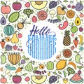 Fruits and vegetables Hello Summer, vegetarian banner, summer isolated color vector icons.