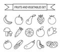 Fruits and vegetables icon set, line style. Fruits and vegetables set isolated on a white background. Fruits and vegetables outli