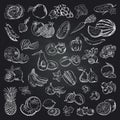 Fruits and vegetables illustrations. Health food doodle pictures on the black background. Vector set