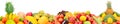 Fruits and vegetables isolated on white background. Panoramic collage. Wide photo with free space for text