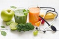 Fruits, vegetables, juice, smoothie and stethoscope