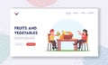 Fruits and Vegetables Landing Page Template. Children Characters Sit at Table Eat Raw Orchard Apples, Avocado, Orange Royalty Free Stock Photo