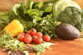 Fruits and vegetables like tomatoes, yellow bell pepper, broccoli, parsley arranged in a group, natural still life for healthy Royalty Free Stock Photo