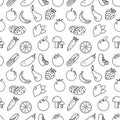 Fruits and vegetables line style seamless pattern. Fruits and Vegetables doodle seamless pattern. Fruits and vegetables outline ba