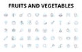 Fruits and vegetables linear icons set. Apples, Oranges, Bananas, Kiwis, Grapes, Pears, Pineapple vector symbols and