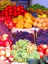 Fruits and vegetables at the market . Grapes, bananas, peachs and more Royalty Free Stock Photo