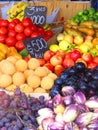 Fruits and vegetables at the market . Grapes, bananas, peachs and more Royalty Free Stock Photo
