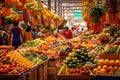 Fruits and vegetables on a market stall in Asia. East market