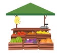 Fruits and vegetables market stall flat illustration. Farm products, eco and organic food trade tent, counter with wooden crates.