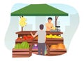 Fruits and vegetables market stall with seller flat illustration. Man buying farm products, eco and organic food at trade tent