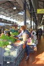 Fruits and vegetables tribune in an indoor marketplace in Vilnius, Lithuania Royalty Free Stock Photo