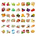 Fruits, vegetables, meat products, beer, snack, milk and dessert set. 42 icons of food in cartoon style. Big vector set Royalty Free Stock Photo