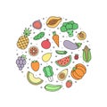 Fruits and vegetables multicolored outline vector circle illustration. Minimalistic design.