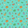 Fruits and vegetables multicolored outline vector seamless pattern. Modern minimalistic design.