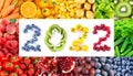 Fruits and vegetables. New year 2022 made of fruits and vegetables. Healthy food. Texture