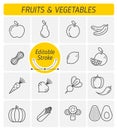 The fruits and vegetables outline vector icon set