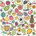 Fruits and vegetables pattern, vegetarian set, summer isolated color vector icons.