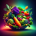 Fruits and vegetables in a plate on a multicolored background Generative AI